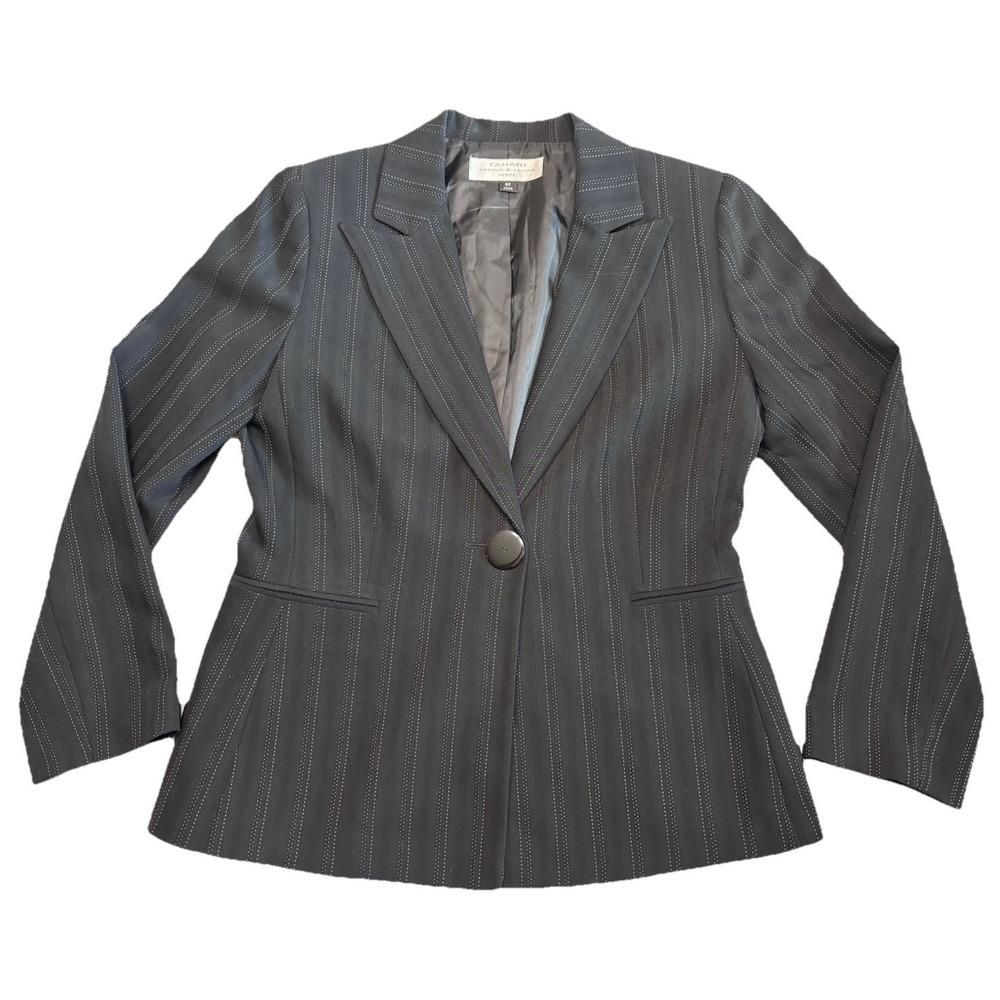 Tahari Arthur S.‎ Levine Petite 8P Black Pinstripe Blazer 1 Button Lined Jacket
